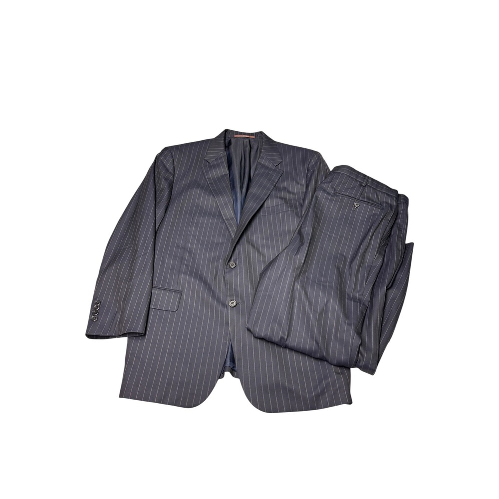 Hickey Freeman x Loro Piana Pinstripe Suit Navy Wool‎ Mens 44R W36 L27 USA